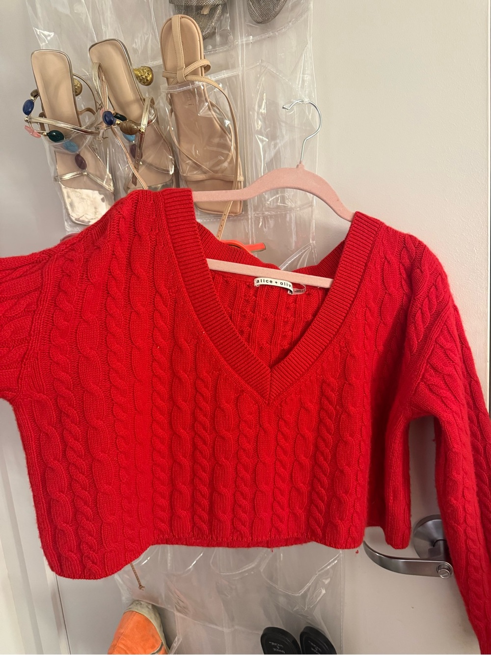 Alice + Olivia Bright Red Cropped Cable-Knit V-Neck Sweater